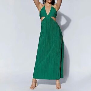 Meshki Nava Emerald Green Crinkle Cutout Halter Maxi Dress